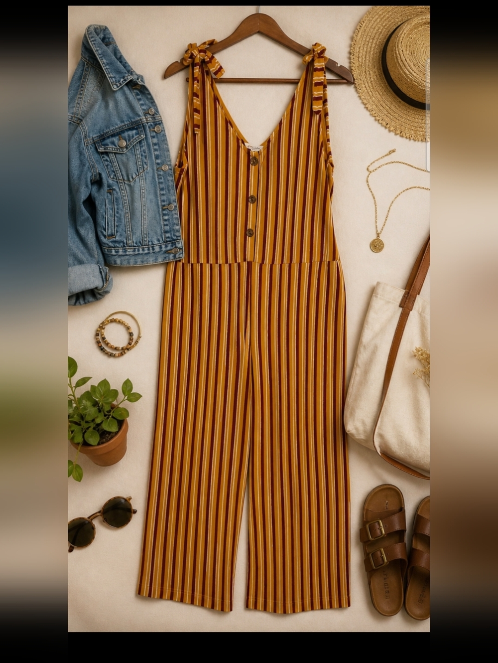 Arizona Jean Company Mustard and Brown Striped Tie-Shoulder Jumpsuit Pit 24